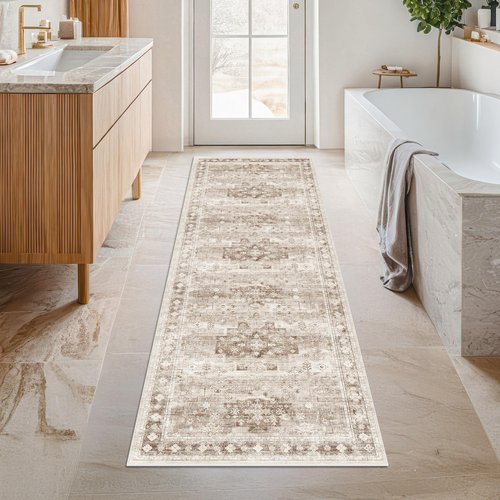 Hazo Haus Boho Long Bathroom Runner Rug 24 x 72 Washable Non Slip - Soft Stain Reistant Rugs for Kitchen, Laundry Room, Hallway Runner - Neutral Floral Design Décor (2x6 Beige/Latte)