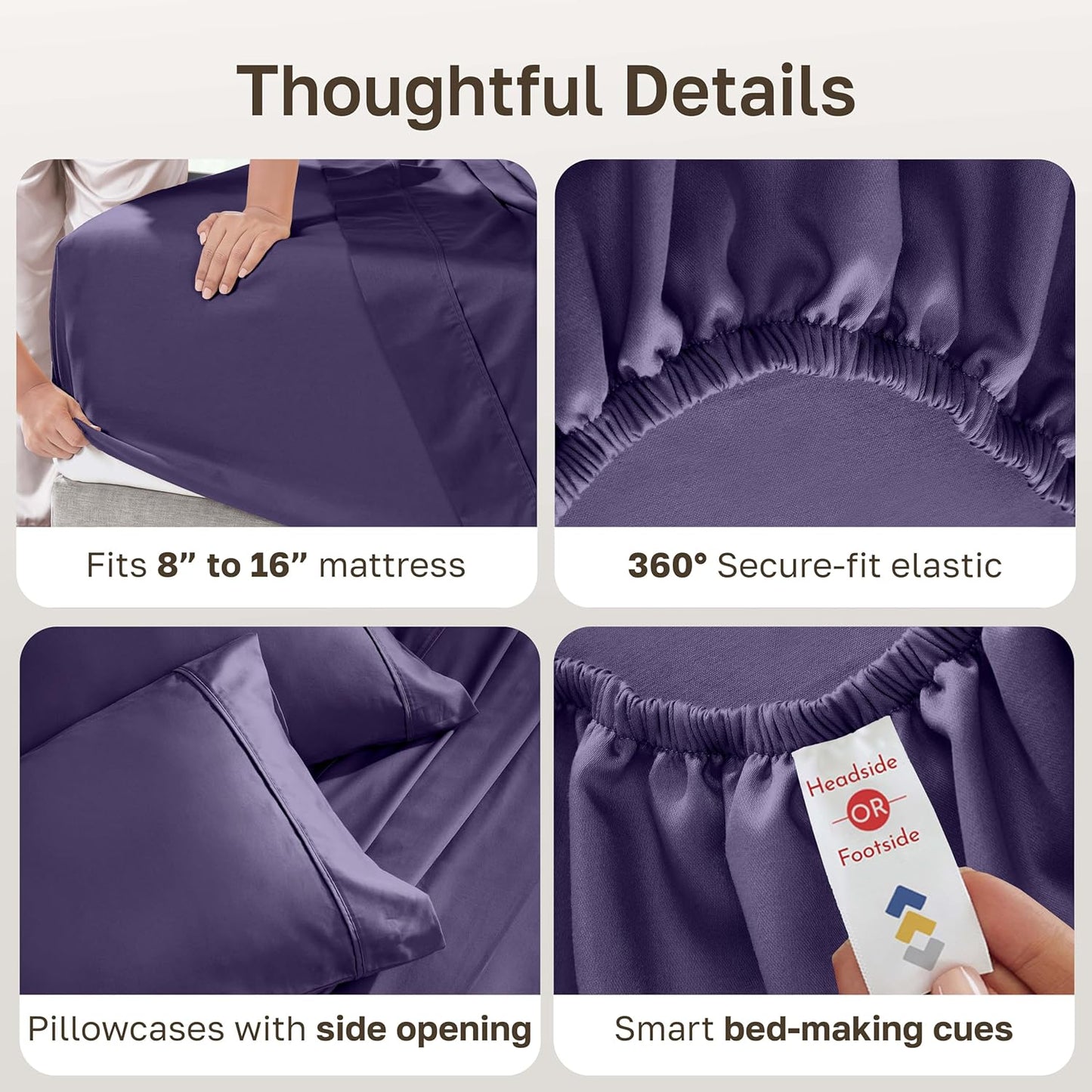 California Design Den Soft Full Size Cotton Sheet Set - 400 TC Silky Smooth Sateen Weave, Deep Pockets - Purple