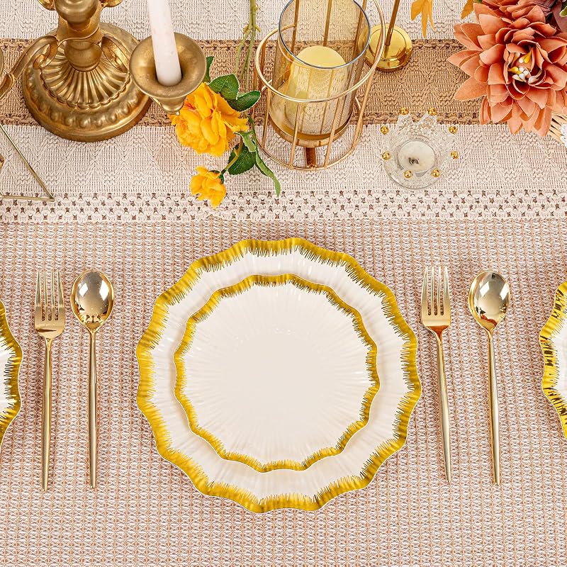 Ivory Plastic Plates with Gold Rim - 60Pcs, Disposable Tableware (Variation: Ivory)