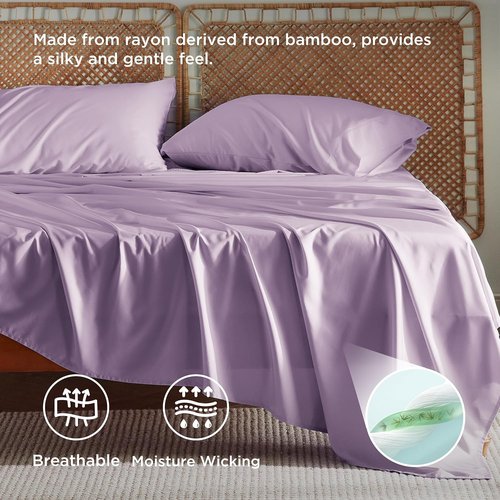 Bedsure Queen Sheet Set - Cooling Bamboo Rayon Sheets | Breathable & Soft, Deep Pocket Up to 16 Inches, Lilac