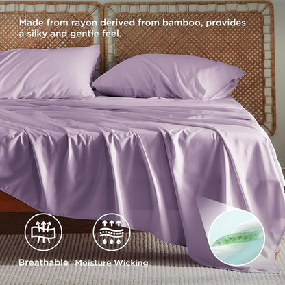 Bedsure Queen Sheet Set - Cooling Bamboo Rayon Sheets | Breathable & Soft, Deep Pocket Up to 16 Inches, Lilac