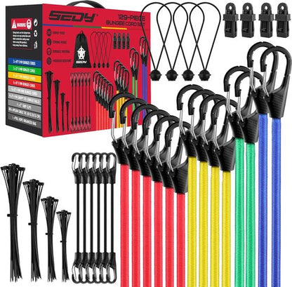 Heavy Duty Bungee Cords - 129 PCS Rubber Elastic Ropes with Hooks & Clips - 18" to 40" Sizes
