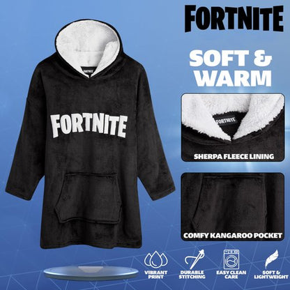 FORTNITE Blanket Hoodie for Boys Teens 14+ Wearable Blanket Fleece Extra Long (Black Print Kids)