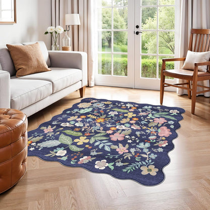 Skiennix Floral Square Area Rug - Washable 5x5 Soft Water-Resistant Carpet for Living Room & Bedroom | Non-Slip Backing, Purple
