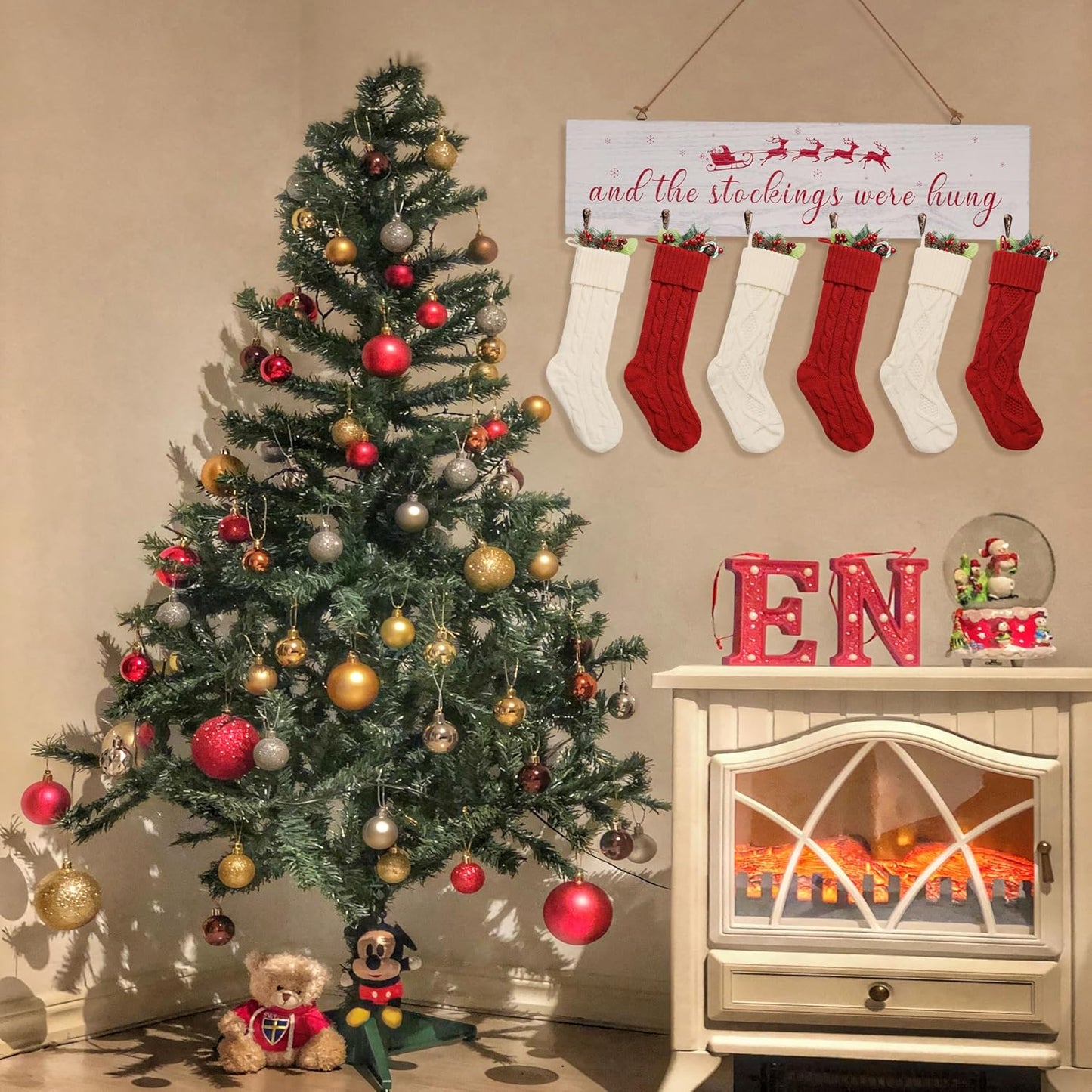 Regine Switzerland Christmas Stocking Holder - 24 Inch White Wood Sign with 6 Hangers for Mantel