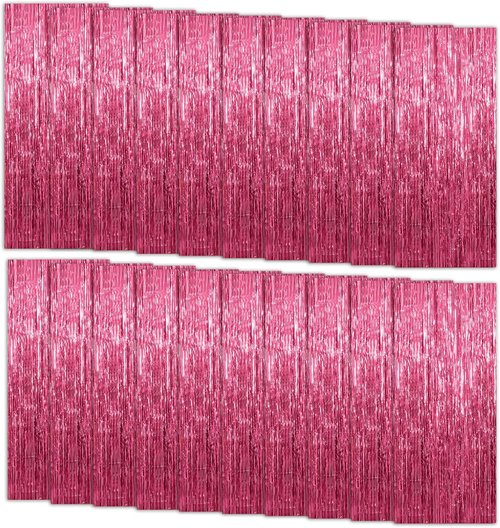 Foil Curtain Backdrop - Pink Metallic Tinsel Fringe - 20 Pack for Party Decorations