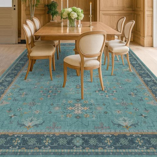 Boho Teal 7x9 Soft Rug - Washable Turquoise Vintage Carpet for Living Room & Bedroom