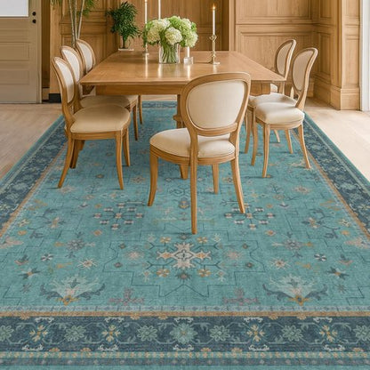 Boho Teal 7x9 Soft Rug - Washable Turquoise Vintage Carpet for Living Room & Bedroom
