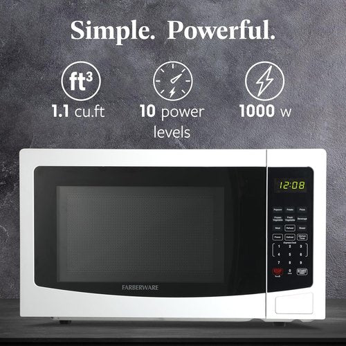 Farberware 1.1 Cu. Ft. Microwave Oven - 1000 Watts, Auto Cook, Easy Clean, Child Safety Lock | White