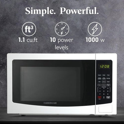 Farberware 1.1 Cu. Ft. Microwave Oven - 1000 Watts, Auto Cook, Easy Clean, Child Safety Lock | White