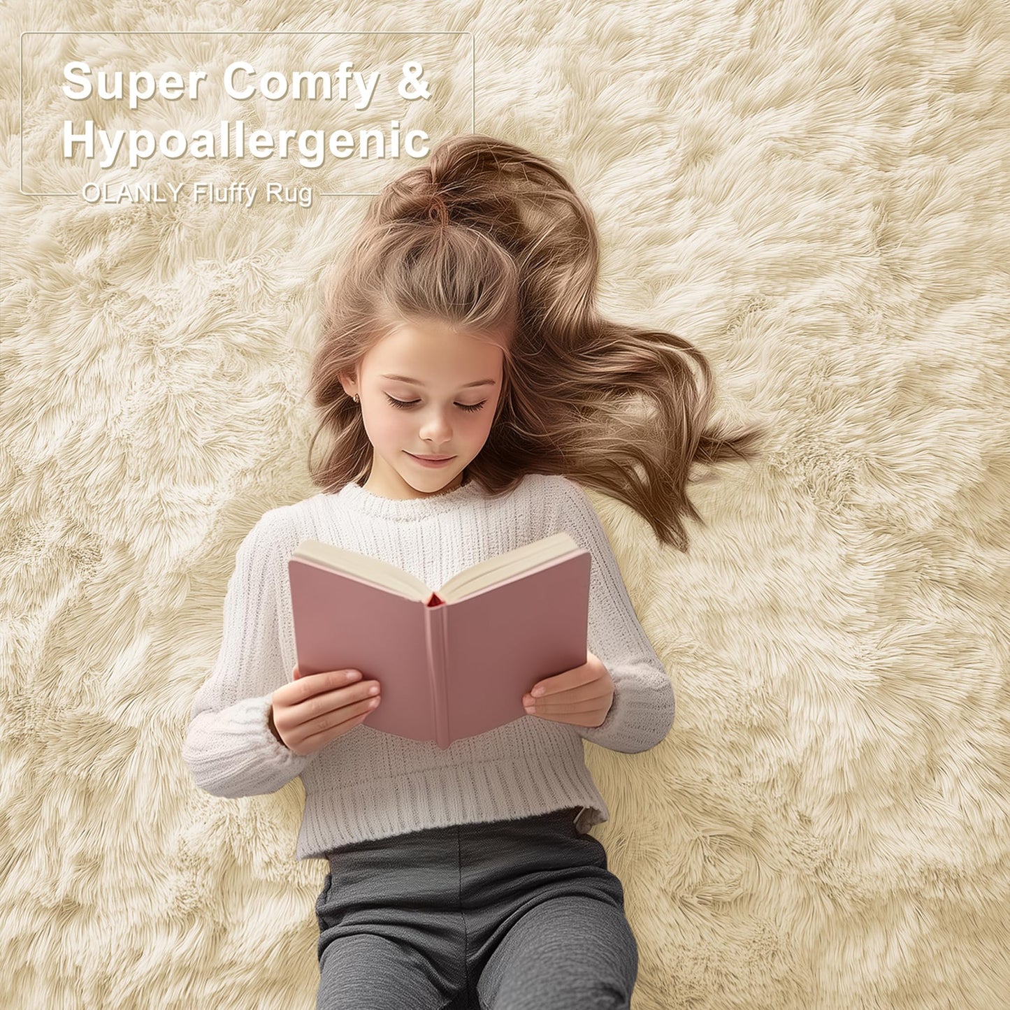 OLANLY 5x8 Machine Washable Large Area Rugs for Living Room, Bedroom, Soft Fluffy Shaggy Bedside Rug, Indoor Floor Carpet for Kids Girls and Boys, Dorms, Nursery, Home Decor Aesthetic, Cream