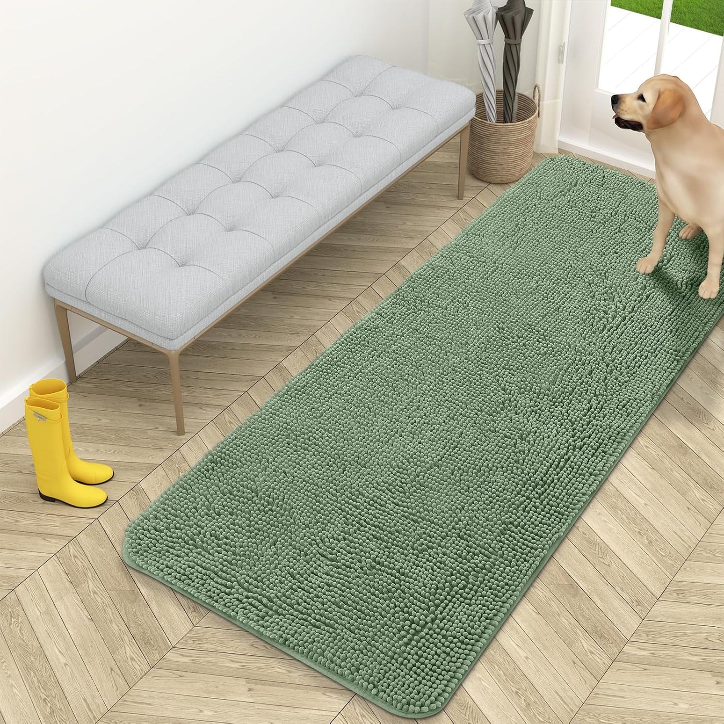 OLANLY Dog Door Mat - Absorbent Non-Slip Washable Doormat for Muddy Paws | 54x24, Olive Green