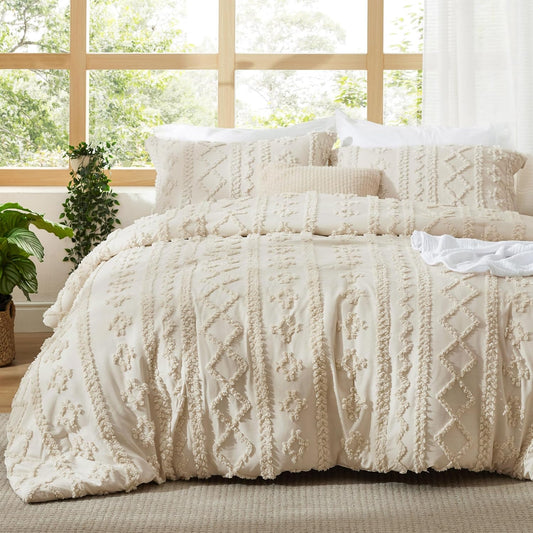 Bedsure Tufted Boho Comforter Set - Queen Size Beige Bedding | GentleSoft™ 3-Piece Farmhouse Embroidery Set