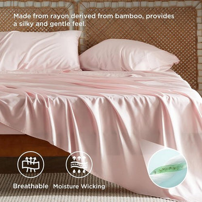 Bedsure King Size Cooling Sheets Set - Breathable & Soft Rayon from Bamboo, Deep Pocket, Pink