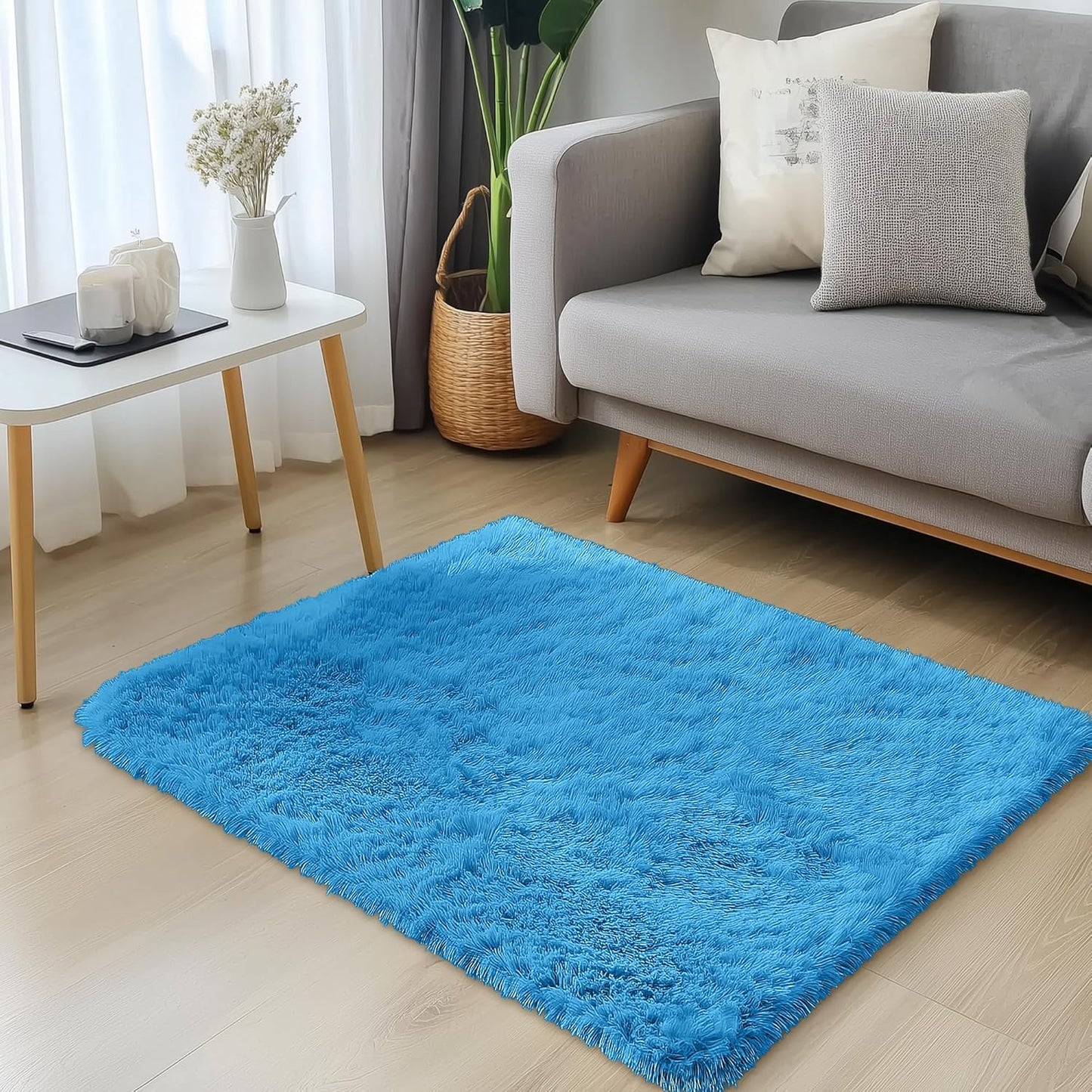 OLANLY Soft Fluffy Shaggy Bedside Rug - Machine Washable 2x3 for Bedroom & Living Room | Bright Blue Home Decor