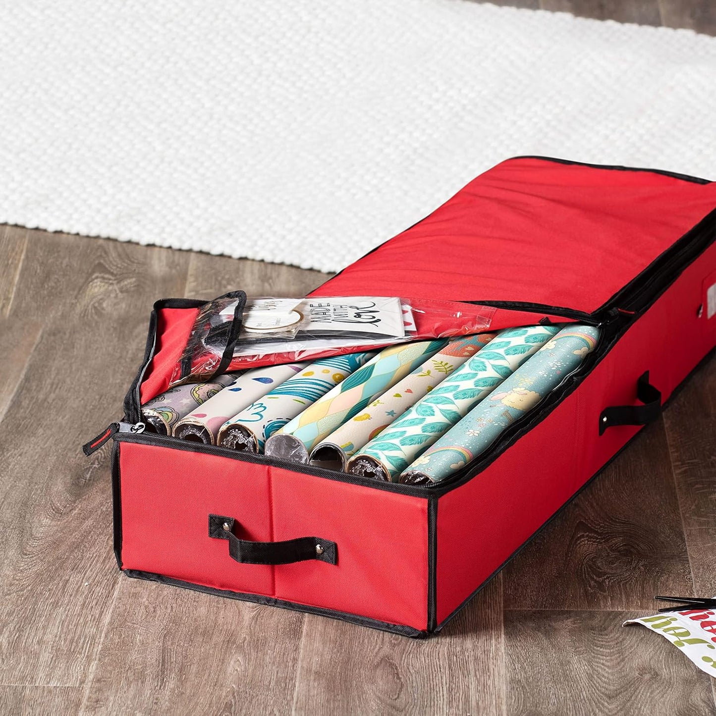 ZOBER Gift Wrapping Paper Organizer - 40" Storage for 24 Rolls with Pockets for Bows & Ribbons | Red/Black 600D Oxford