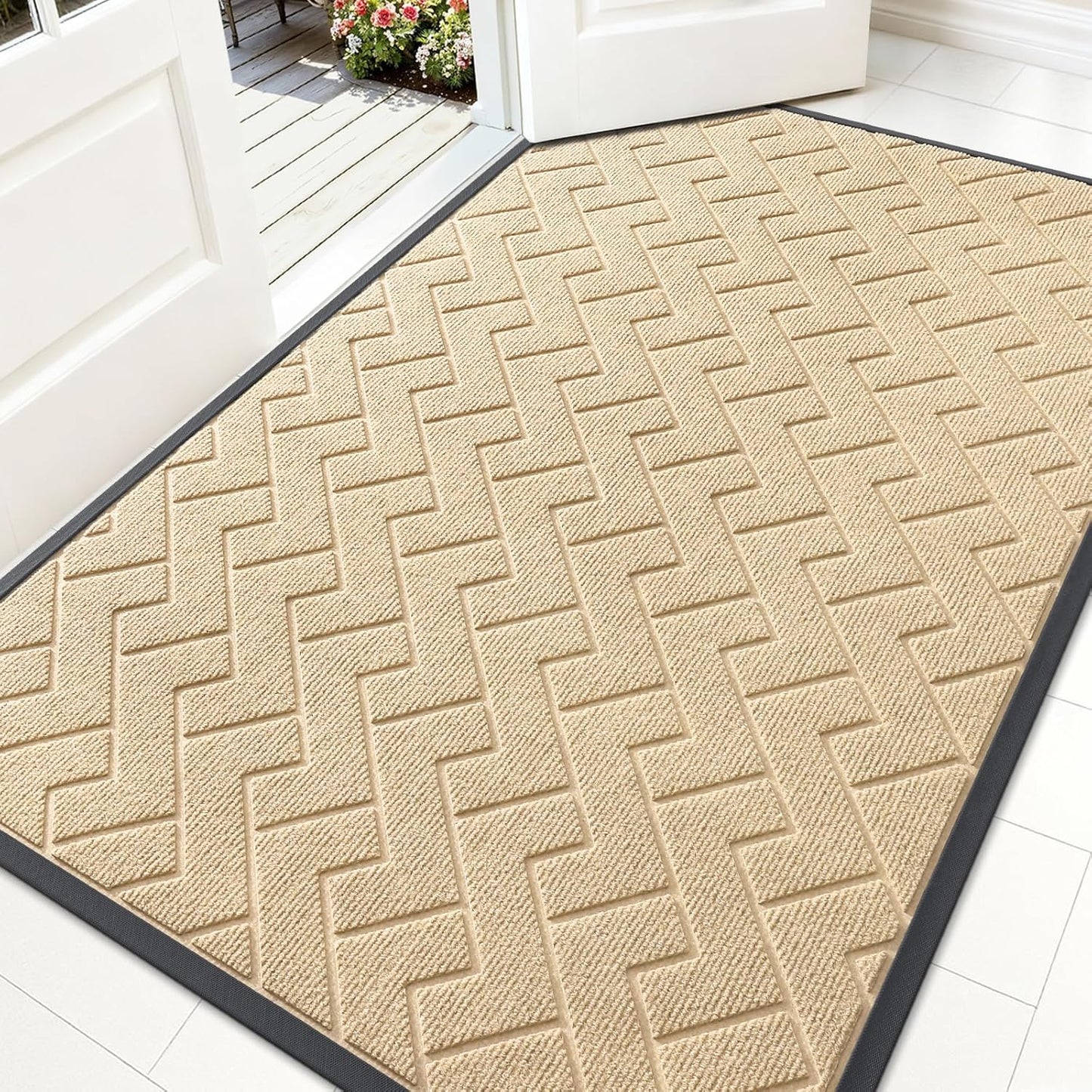 OLANLY Waterproof Front Door Mat - All-Season Indoor/Outdoor Doormat, Easy Clean Herringbone Brick (Beige, 59x35)