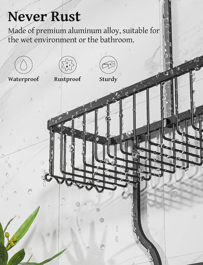 YASONIC Shower Caddy - Large Rust-Proof Aluminum Over Shower Head Organizer with 10 Hooks - Black