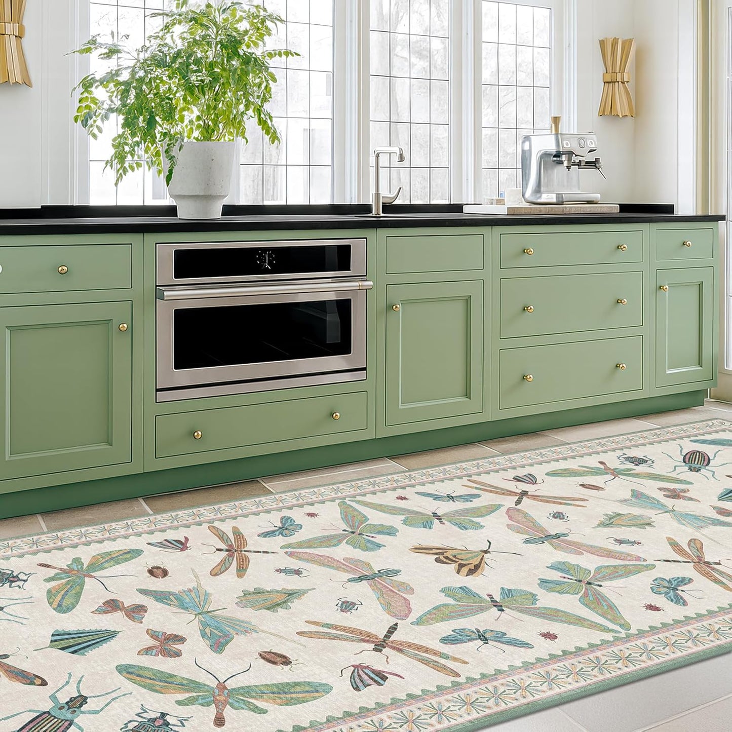 Skiennix Insect Print Hallway Runner Rug - 2'6" x 8' Light Green, Washable Non-Slip Design