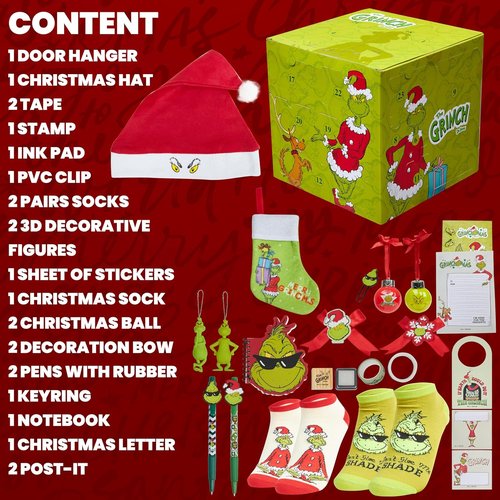 Grinch Advent Calendar 2025 - 24 Days of Christmas Countdown with Santa Hat & Socks | Perfect Holiday Decor for Women & Teens