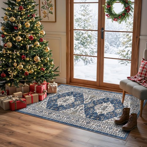2x4 Non-Slip Entryway Area Rugs: Washable Stain Resistant Kitchen Carpet Printed Doormat Soft Low Pile Nursery Rug Vintage Small Floor Mat for Hardwood Bedroom Cozy Home Decor fot Family(2x4,Blue)