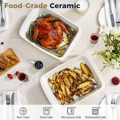 Skiennix 9x13 Baking Dish Set of 2 - Deep 3.75 Qt Porcelain Casserole Dish with Handles | Oven & Microwave Safe, White