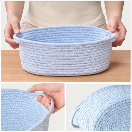 Kodomoore Small Woven Easter Basket with Gift Bag and Ribbon – Empty Burr Basket for Gifts, Baby Shower, & Birthdays – Decorative Rope Storage Organizer for Shelves, 12"x8"x5", Blue