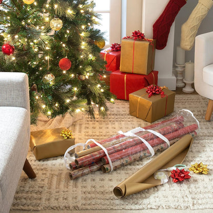 Simplify Clear Gift Wrap Storage Bag - Holds 30" Long Wrapping Paper Rolls | Zipper Closure | Easy Carry Hangers | Red