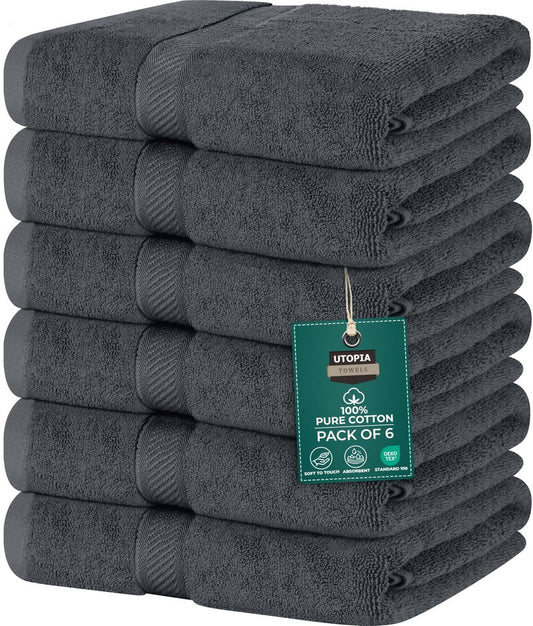 Utopia Towels 6 Pack Small Bath Towel Set, 22 by 44 Inches, 500 GSM 100% Ring Spun Cotton, Lightweight and Highly Absorbent Quick Drying Premium Towels for Hotel, Spa and Bathroom, Dark Grey