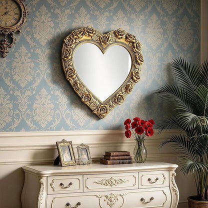Antique Gold Heart Mirror with Rose Frame – Wall Decor 13 x 12.2 inches