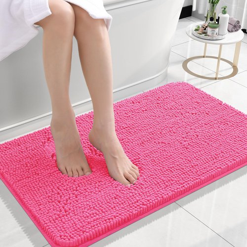 OLANLY Bathroom Rugs 24x16, Extra Soft Absorbent Chenille Bath Rugs, Rubber Backing Quick Dry, Machine Washable Bath Mats for Bathroom Floor, Tub and Shower, Home Decor Accessories, Hot Pink