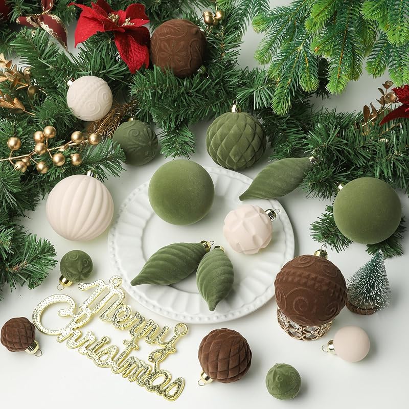 52 Pcs Velvet Christmas Ornaments Set - Flocked Shatterproof Balls, Brown Cream Green (Variation of THIS listing)