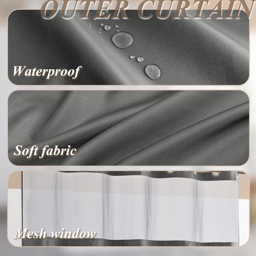 Barossa Design No Hook Shower Curtain Set with Rugs - 2 Pcs Bathroom Rugs and Shower Curtain Sets with Snap-in Liner, Hotel Style Bathroom Accessories, Grey