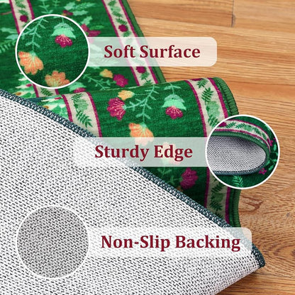 Green Christmas Tree & Floral Rug 8x10, Low-Pile Non-Slip Indoor Accent Rug