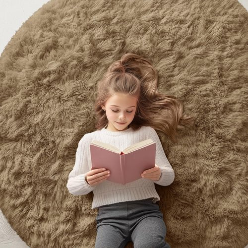 OLANLY Taupe Round Rugs for Bedroom - Machine Washable, 5 ft Circle Area Rugs for Living Room, Soft and Fluffy Shaggy Carpet for Teen Girl and Boys, Nursery Rooms, Dorms, Home Decor Aesthetic
