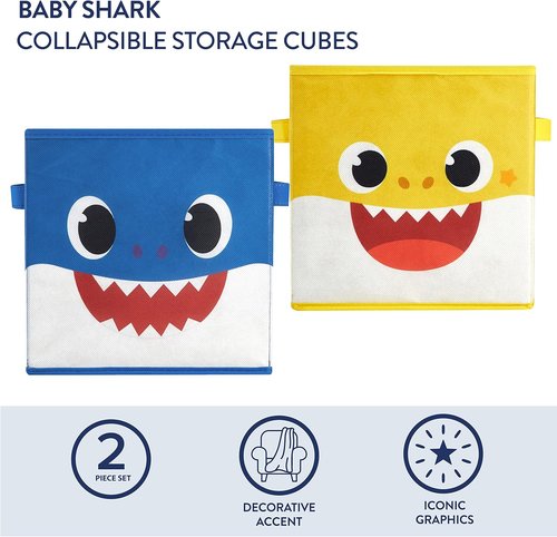 Idea Nuova Baby Shark Storage Cubes - Set of 2 Collapsible Organizers | 10"x10" Blue/Yellow