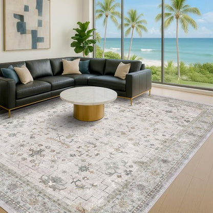 Hazo Haus Boho Light Grey Living Room Rug 10x12 - Modern Vintage Eclectic Floral Pastel Neutral Taupe, Washable Low Pile Non-Slip Extra Large Area Rugs for Dining Under Table Bedroom Lounge