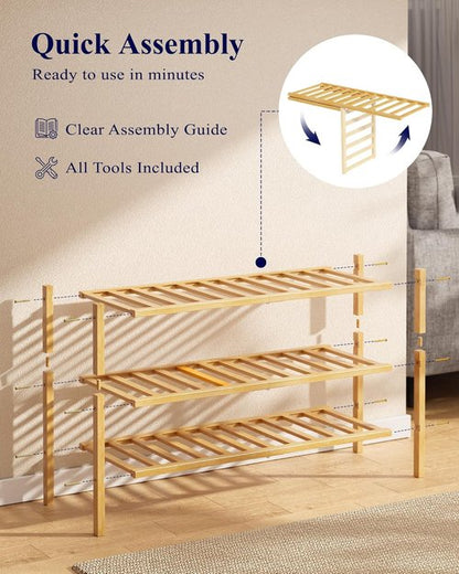 Kitsure Bamboo Wooden Shoe Rack - Stackable Organizer for Space-Saving Entryway, 26.8" x 11" x 18.9", Natural