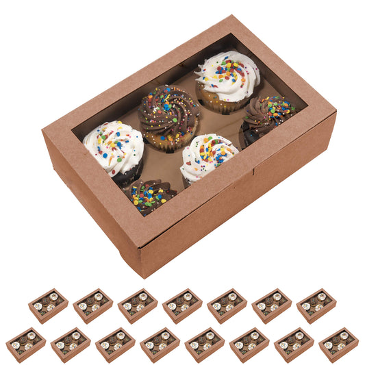 Essos Cupcake Boxes for 6 Kraft with Clear Display Window [15 pieces] Cupcakes Container or Packaging Box Kit for Chocolate Truffles Cake Pops Desserts Mini Cookies Pies or Muffins