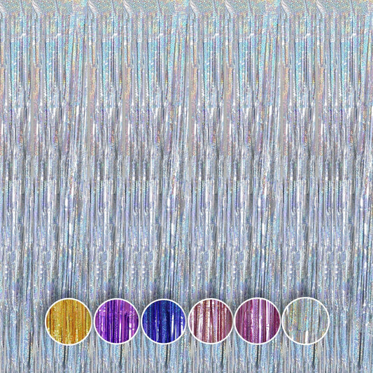 QRabbit Foil Curtain Backdrop - Silver Metallic Tinsel Fringe Curtains | 4 Pack for Parties & Events