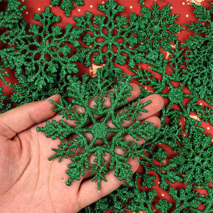 Skiennix Dark Green Christmas Snowflake Ornaments - 36Pcs Glitter Hanging Decor for Holiday Home & Winter Parties