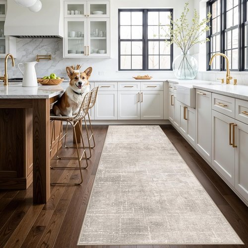 Abstract Kitchen Rug Runners - Washable Non-Slip 10ft Area Rug for Hallway & Entryway | Soft Beige/Cream