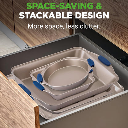 NutriChef 6-Piece Nonstick Bakeware Set - Premium Carbon Steel Trays with Heat-Safe Silicone Handles | Includes Loaf Pan, Muffin Pan, Round & Square Roasters, Cookie Sheet