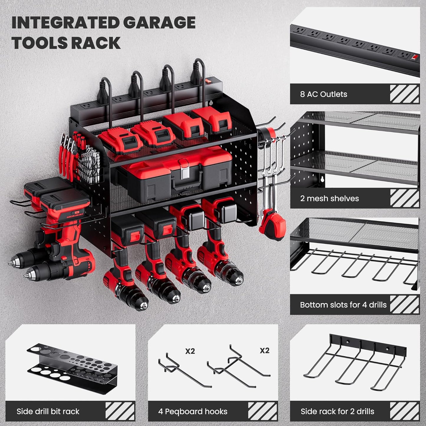TRZZ Power Tool Organizer - 3-Layer Wall Mount Charging Station with 8 Outlets & 6 Drill Holders | Efficient Garage Storage (Black)