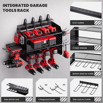 TRZZ Power Tool Organizer - 3-Layer Wall Mount Charging Station with 8 Outlets & 6 Drill Holders | Efficient Garage Storage (Black)