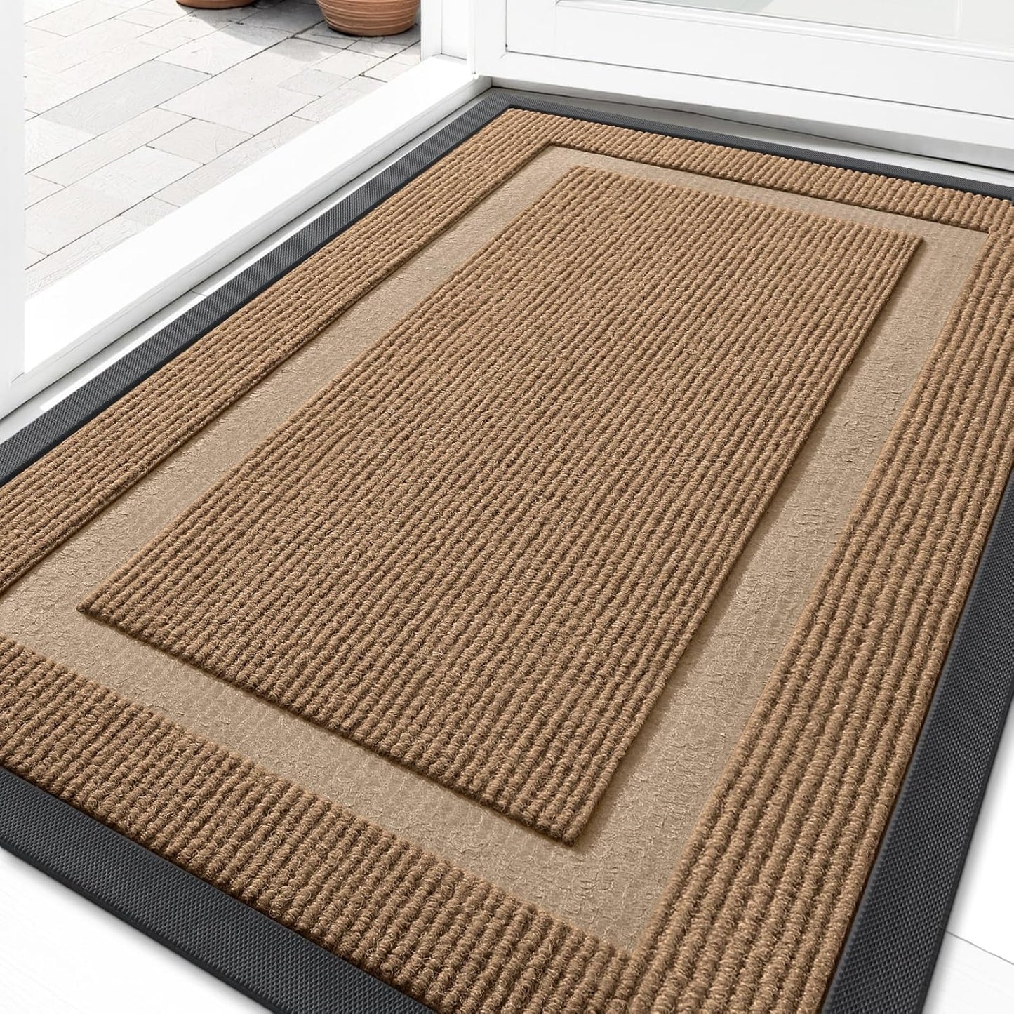OLANLY Waterproof Front Door Mat - All-Season, Sturdy Natural Rubber, Easy Clean | 35x23, Light Brown