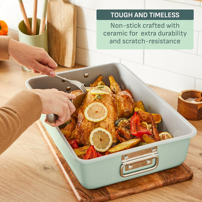 T-fal Ceramic Nonstick Baking Pans Set - 5 Pieces, Stackable Bakeware in Mint Green for Muffins & Roasting