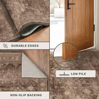 Hazo Haus Brown Rug for Living Room 10x14 - Extra Large Vintage Western Unique Neutral Taupe, Washable Low Pile Non-Slip Soft Thin Area Rug for Dining Under Table, Bedroom Under Bed, Home Office