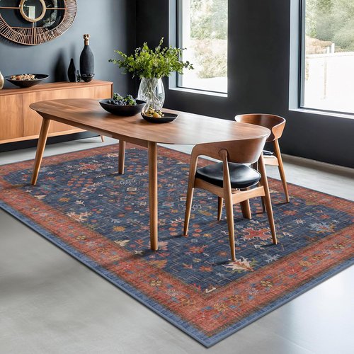 Hazo Haus Area Rug - Washable 7x9 Vintage Boho Dining Room Rug | Non-Slip Low Pile Design in Navy Blue