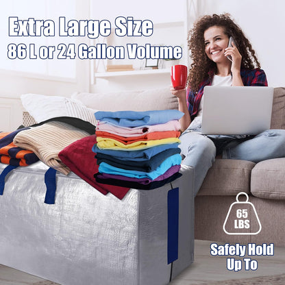 Sweet Dolphin Extra Large Moving Bags - Heavy Duty Storage Totes with Zippers & Handles | 12 Pack, Silver